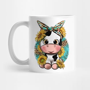 Cute Cow With Sunflower And Leopard, Hand Drawn Cow, Baby Cow Mug